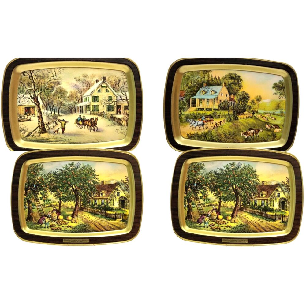 Vintage Currier & Ives American Homestead 4 Seasons Trays Set of 4